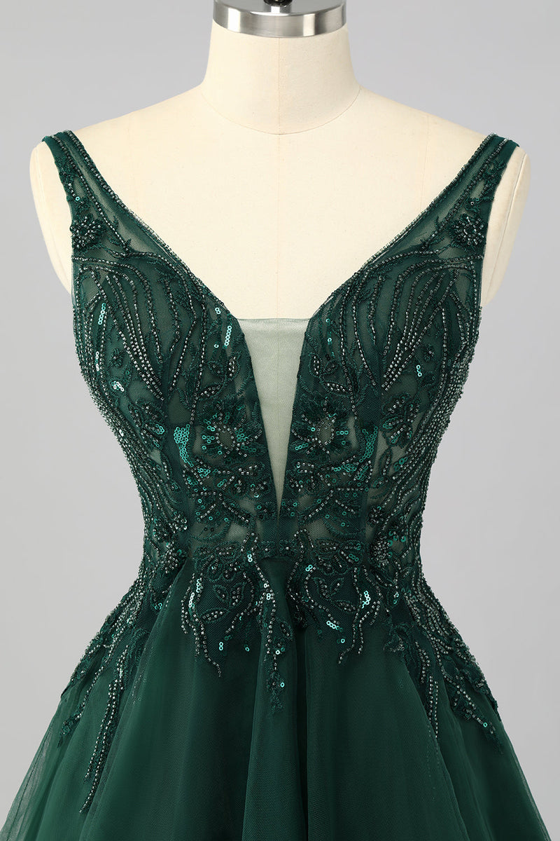 Laden Sie das Bild in den Galerie-Viewer, Glitzer Dunkelgrün A Linie Kurze Ball Kleid mit Perlen