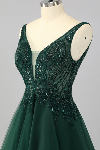 Glitzer Dunkelgrün A Linie Kurze Ball Kleid mit Perlen