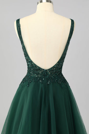 Glitzer Dunkelgrün A Linie Kurze Ball Kleid mit Perlen