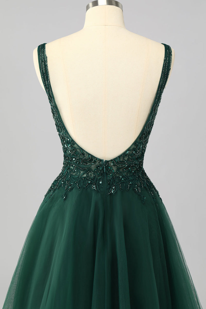 Laden Sie das Bild in den Galerie-Viewer, Glitzer Dunkelgrün A Linie Kurze Ball Kleid mit Perlen