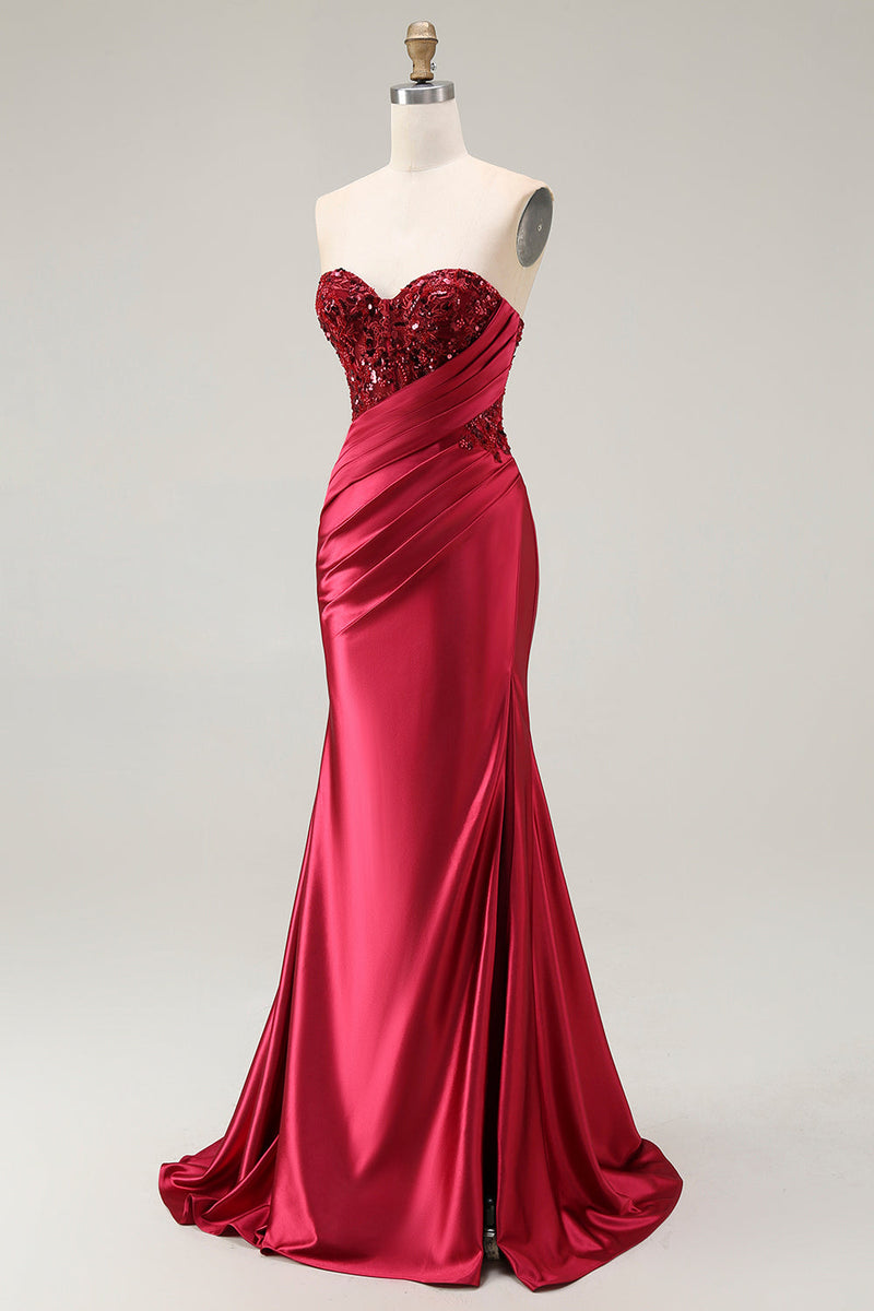 Laden Sie das Bild in den Galerie-Viewer, Glitzer Rot Herz-Ausschnitt Meerjungfrau Lange Ballkleid mit Pailletten
