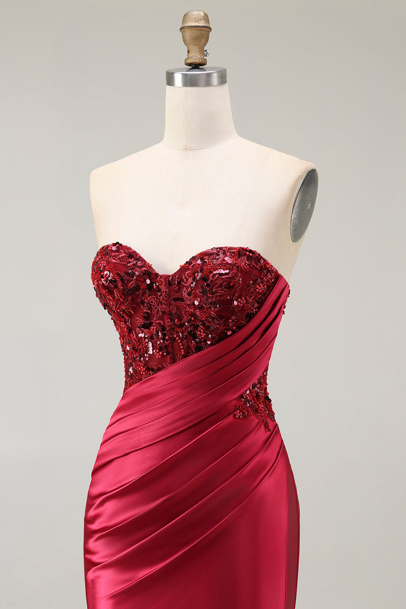 Laden Sie das Bild in den Galerie-Viewer, Glitzer Rot Herz-Ausschnitt Meerjungfrau Lange Ballkleid mit Pailletten