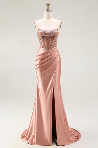Glitzer Rosa Meerjungfrau Trägerlos Geraffte Lange Ballkleid mit Schlitz