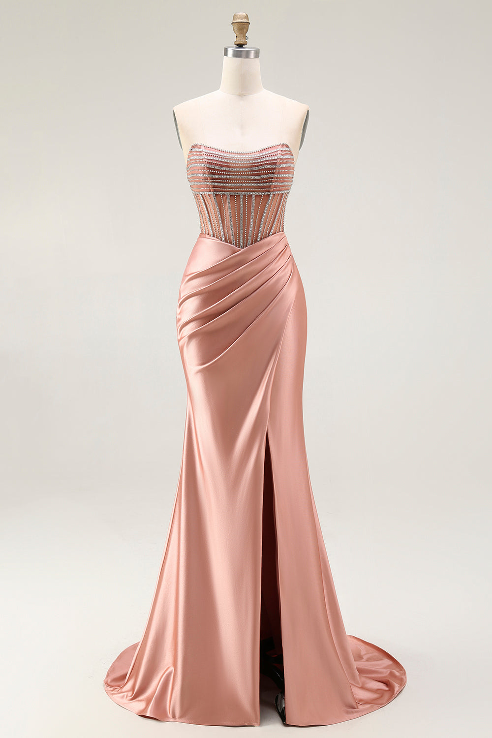 Glitzer Rosa Meerjungfrau Trägerlos Geraffte Lange Ballkleid mit Schlitz