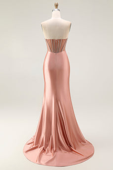 Glitzer Rosa Meerjungfrau Trägerlos Geraffte Lange Ballkleid mit Schlitz