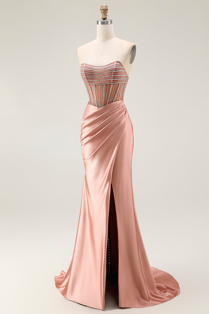 Laden Sie das Bild in den Galerie-Viewer, Glitzer Rosa Meerjungfrau Trägerlos Geraffte Lange Ballkleid mit Schlitz
