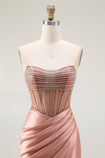 Glitzer Rosa Meerjungfrau Trägerlos Geraffte Lange Ballkleid mit Schlitz