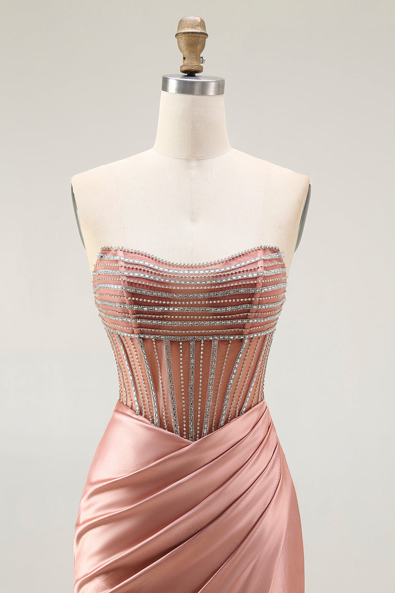 Laden Sie das Bild in den Galerie-Viewer, Glitzer Rosa Meerjungfrau Trägerlos Geraffte Lange Ballkleid mit Schlitz