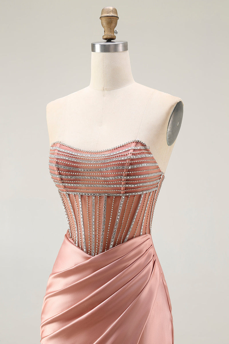 Laden Sie das Bild in den Galerie-Viewer, Glitzer Rosa Meerjungfrau Trägerlos Geraffte Lange Ballkleid mit Schlitz