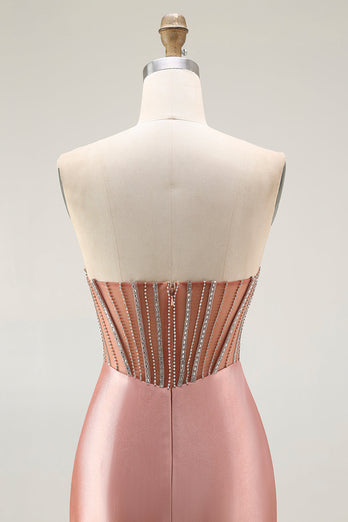 Glitzer Rosa Meerjungfrau Trägerlos Geraffte Lange Ballkleid mit Schlitz