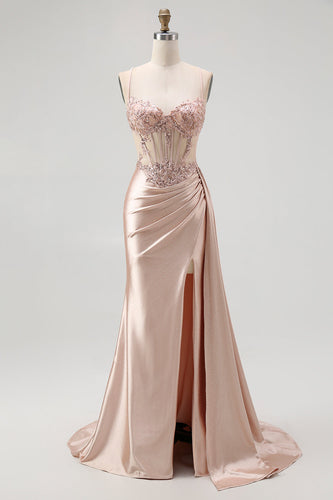 Glitzer Champagner Spaghettiträger Satin Meerjungfrau Lange Ballkleid mit Perlen