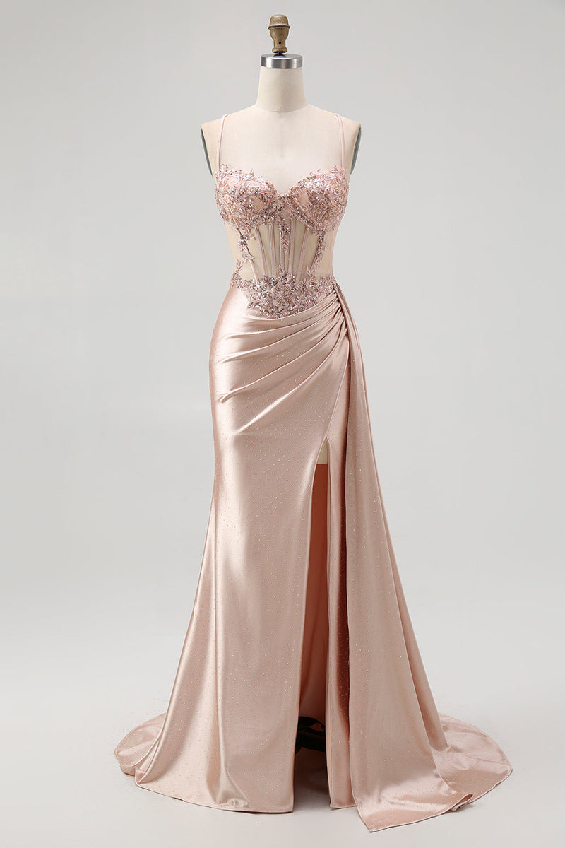 Laden Sie das Bild in den Galerie-Viewer, Glitzer Champagner Spaghettiträger Satin Meerjungfrau Lange Ballkleid mit Perlen