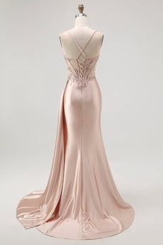 Glitzer Champagner Spaghettiträger Satin Meerjungfrau Lange Ballkleid mit Perlen