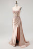 Laden Sie das Bild in den Galerie-Viewer, Glitzer Champagner Spaghettiträger Satin Meerjungfrau Lange Ballkleid mit Perlen