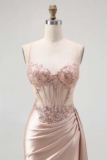 Glitzer Champagner Spaghettiträger Satin Meerjungfrau Lange Ballkleid mit Perlen