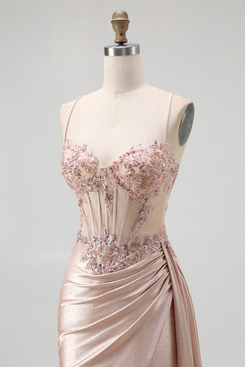 Glitzer Champagner Spaghettiträger Satin Meerjungfrau Lange Ballkleid mit Perlen