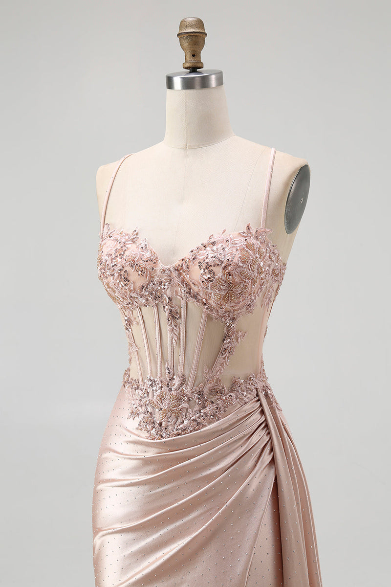 Laden Sie das Bild in den Galerie-Viewer, Glitzer Champagner Spaghettiträger Satin Meerjungfrau Lange Ballkleid mit Perlen