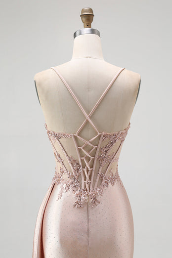 Glitzer Champagner Spaghettiträger Satin Meerjungfrau Lange Ballkleid mit Perlen