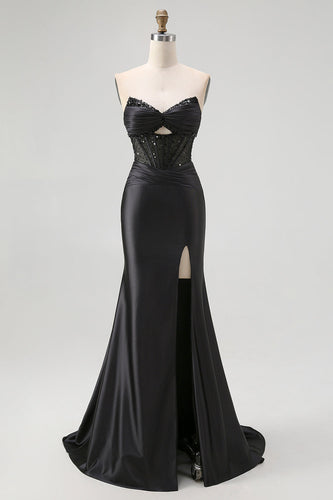 Glitzer Schwarz Herz-Ausschnitt Meerjungfrau Satin Lange Korsett Ballkleid mit Perlen