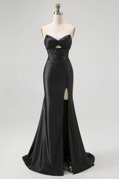 Glitzer Schwarz Herz-Ausschnitt Meerjungfrau Satin Lange Korsett Ballkleid mit Perlen
