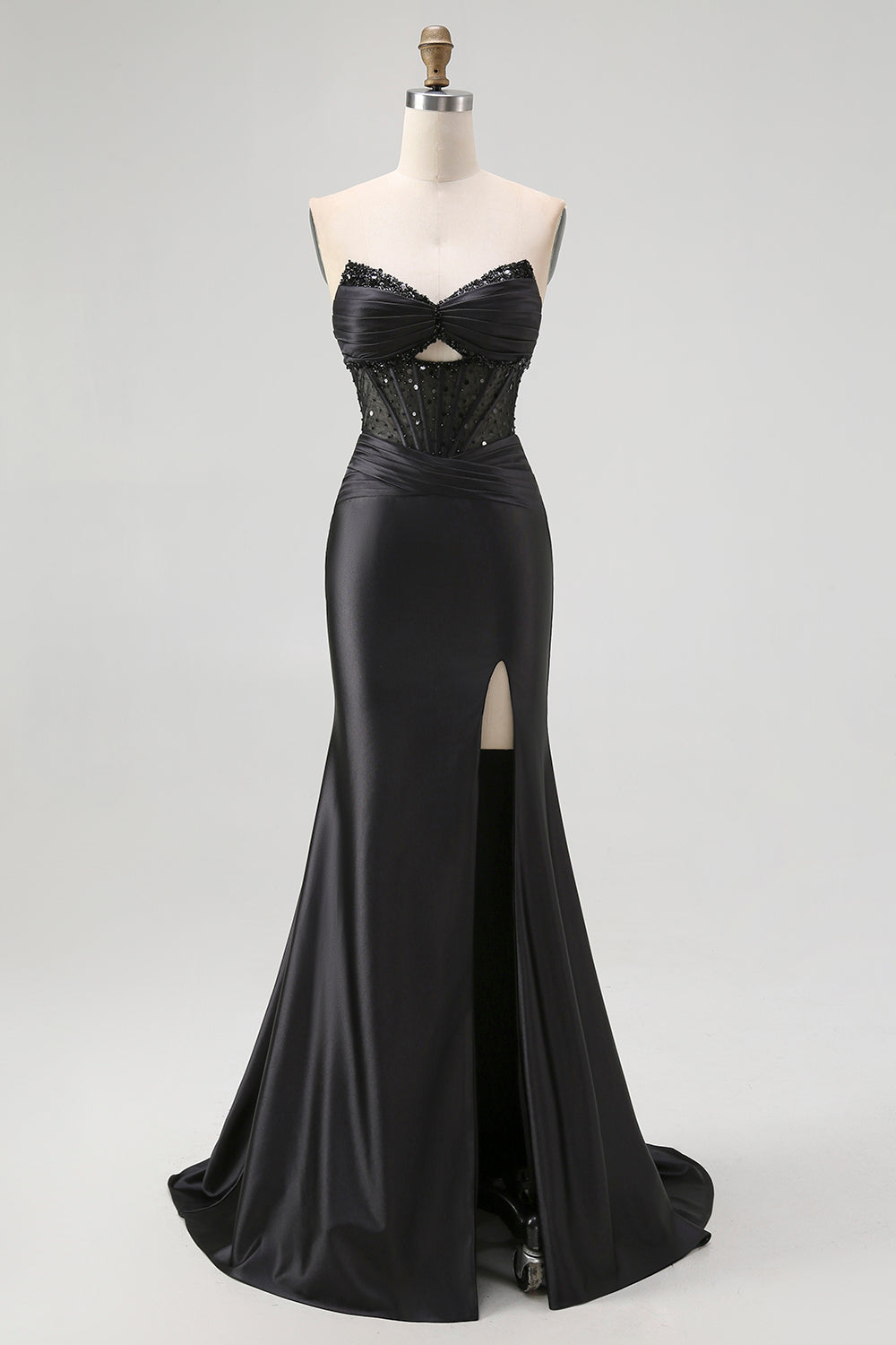 Glitzer Schwarz Herz-Ausschnitt Meerjungfrau Satin Lange Korsett Ballkleid mit Perlen