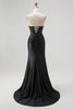 Laden Sie das Bild in den Galerie-Viewer, Glitzer Schwarz Herz-Ausschnitt Meerjungfrau Satin Lange Korsett Ballkleid mit Perlen