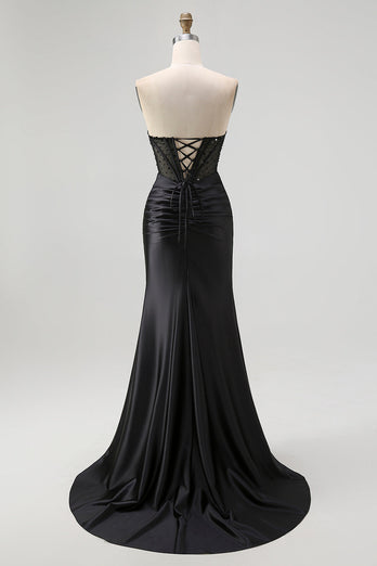 Glitzer Schwarz Herz-Ausschnitt Meerjungfrau Satin Lange Korsett Ballkleid mit Perlen