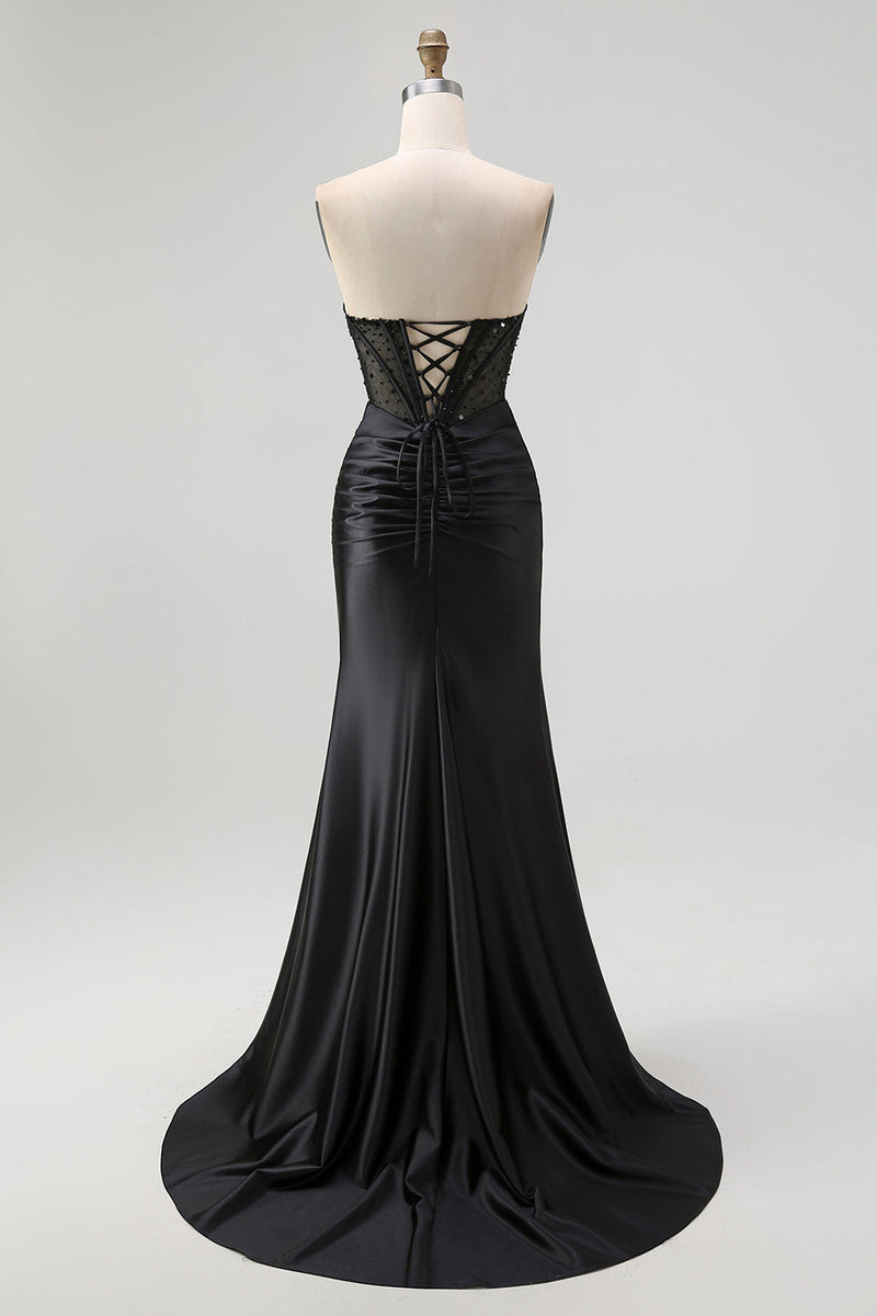 Laden Sie das Bild in den Galerie-Viewer, Glitzer Schwarz Herz-Ausschnitt Meerjungfrau Satin Lange Korsett Ballkleid mit Perlen