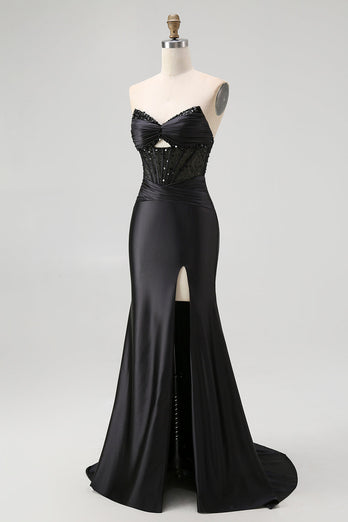 Glitzer Schwarz Herz-Ausschnitt Meerjungfrau Satin Lange Korsett Ballkleid mit Perlen