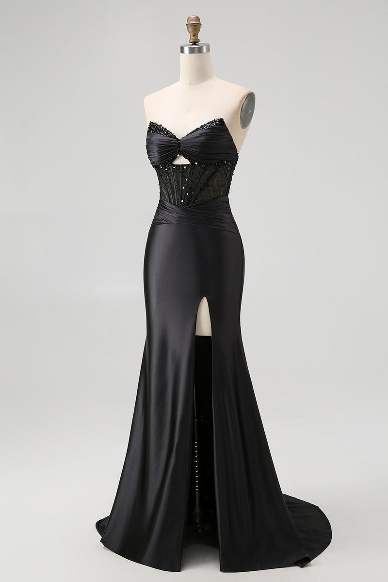 Laden Sie das Bild in den Galerie-Viewer, Glitzer Schwarz Herz-Ausschnitt Meerjungfrau Satin Lange Korsett Ballkleid mit Perlen