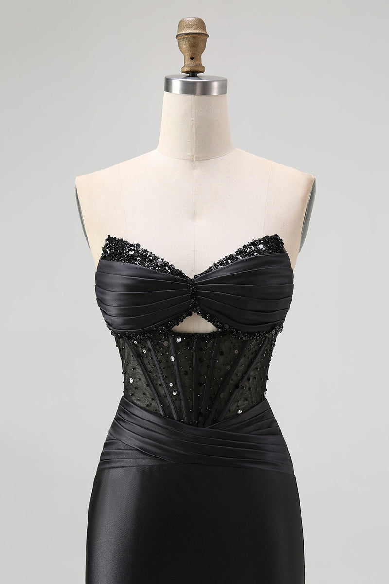 Laden Sie das Bild in den Galerie-Viewer, Glitzer Schwarz Herz-Ausschnitt Meerjungfrau Satin Lange Korsett Ballkleid mit Perlen
