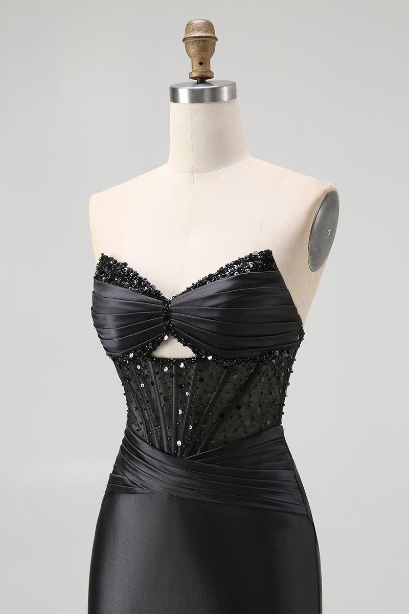 Laden Sie das Bild in den Galerie-Viewer, Glitzer Schwarz Herz-Ausschnitt Meerjungfrau Satin Lange Korsett Ballkleid mit Perlen