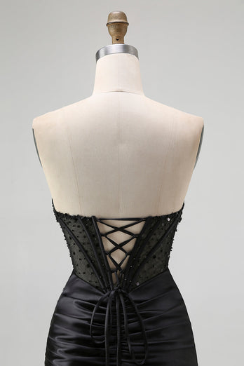 Glitzer Schwarz Herz-Ausschnitt Meerjungfrau Satin Lange Korsett Ballkleid mit Perlen