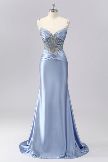 Glitzer Grau Blau Meerjungfrau Spaghettiträger Lange Ball Kleid mit Perlen