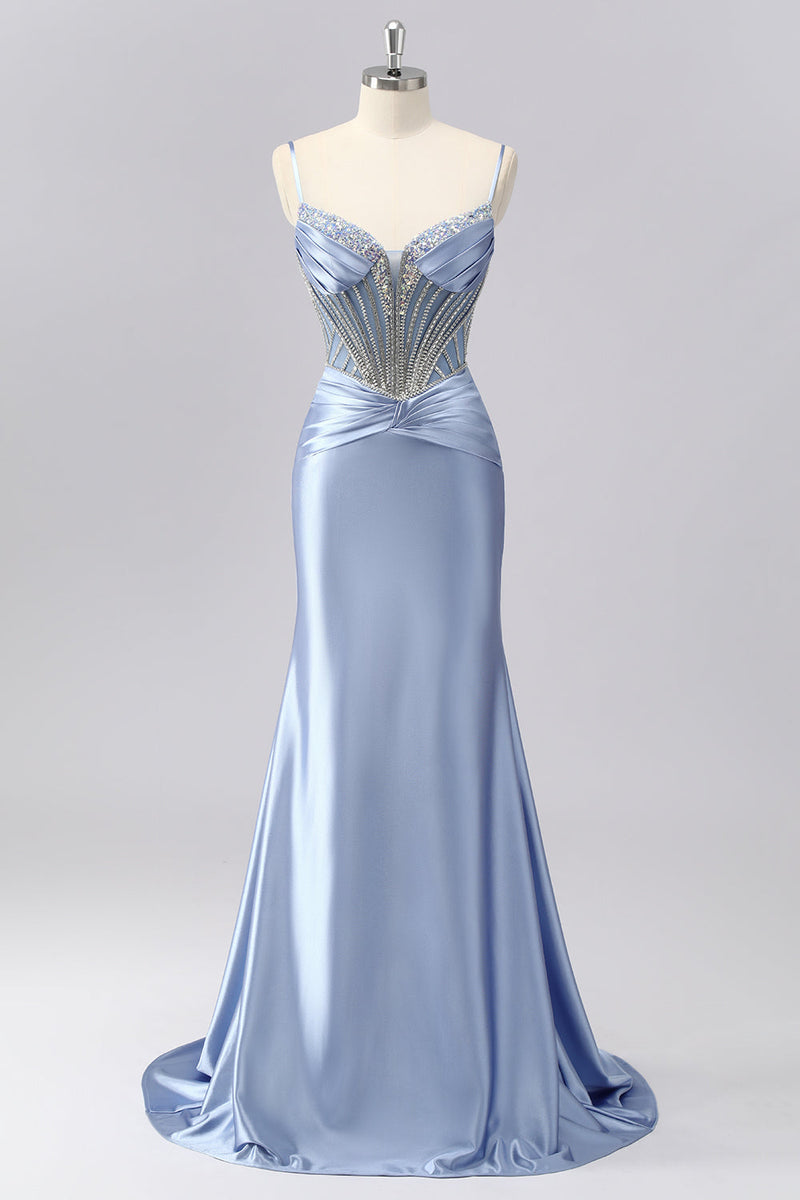 Laden Sie das Bild in den Galerie-Viewer, Glitzer Grau Blau Meerjungfrau Spaghettiträger Lange Ball Kleid mit Perlen