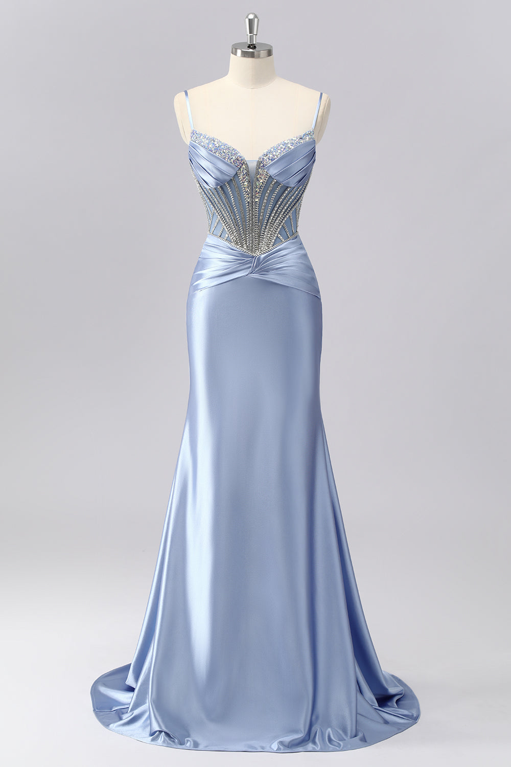 Glitzer Grau Blau Meerjungfrau Spaghettiträger Lange Ball Kleid mit Perlen