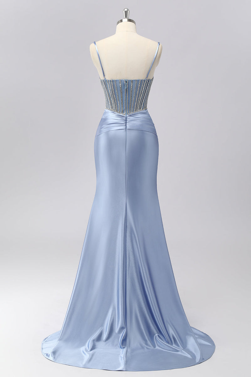 Laden Sie das Bild in den Galerie-Viewer, Glitzer Grau Blau Meerjungfrau Spaghettiträger Lange Ball Kleid mit Perlen