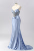 Laden Sie das Bild in den Galerie-Viewer, Glitzer Grau Blau Meerjungfrau Spaghettiträger Lange Ball Kleid mit Perlen
