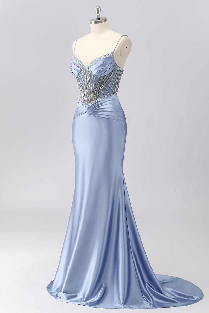 Laden Sie das Bild in den Galerie-Viewer, Glitzer Grau Blau Meerjungfrau Spaghettiträger Lange Ball Kleid mit Perlen
