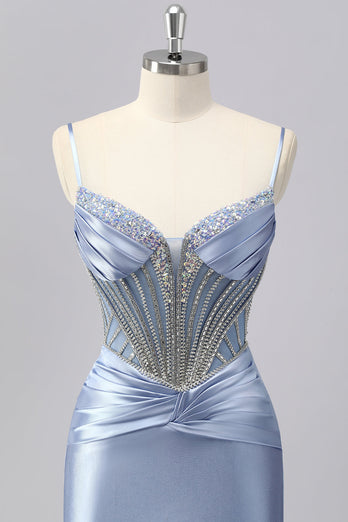Glitzer Grau Blau Meerjungfrau Spaghettiträger Lange Ball Kleid mit Perlen