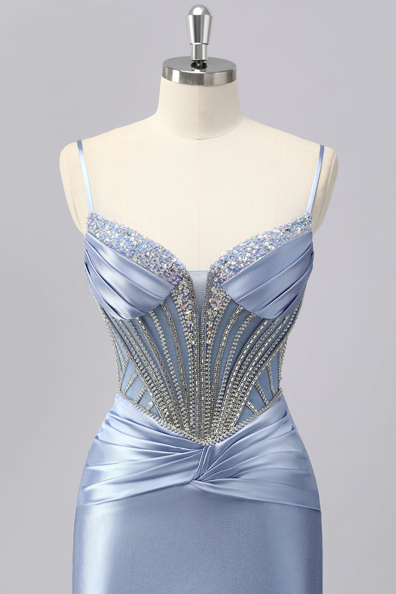 Laden Sie das Bild in den Galerie-Viewer, Glitzer Grau Blau Meerjungfrau Spaghettiträger Lange Ball Kleid mit Perlen