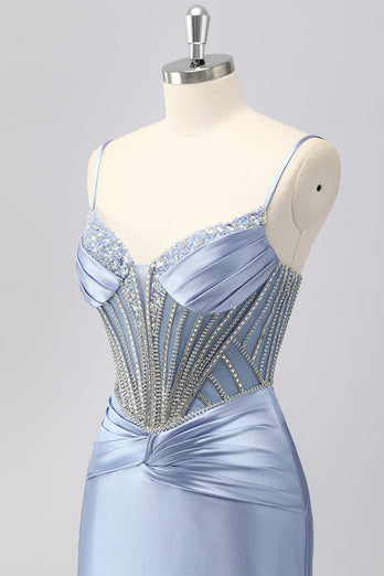 Glitzer Grau Blau Meerjungfrau Spaghettiträger Lange Ball Kleid mit Perlen