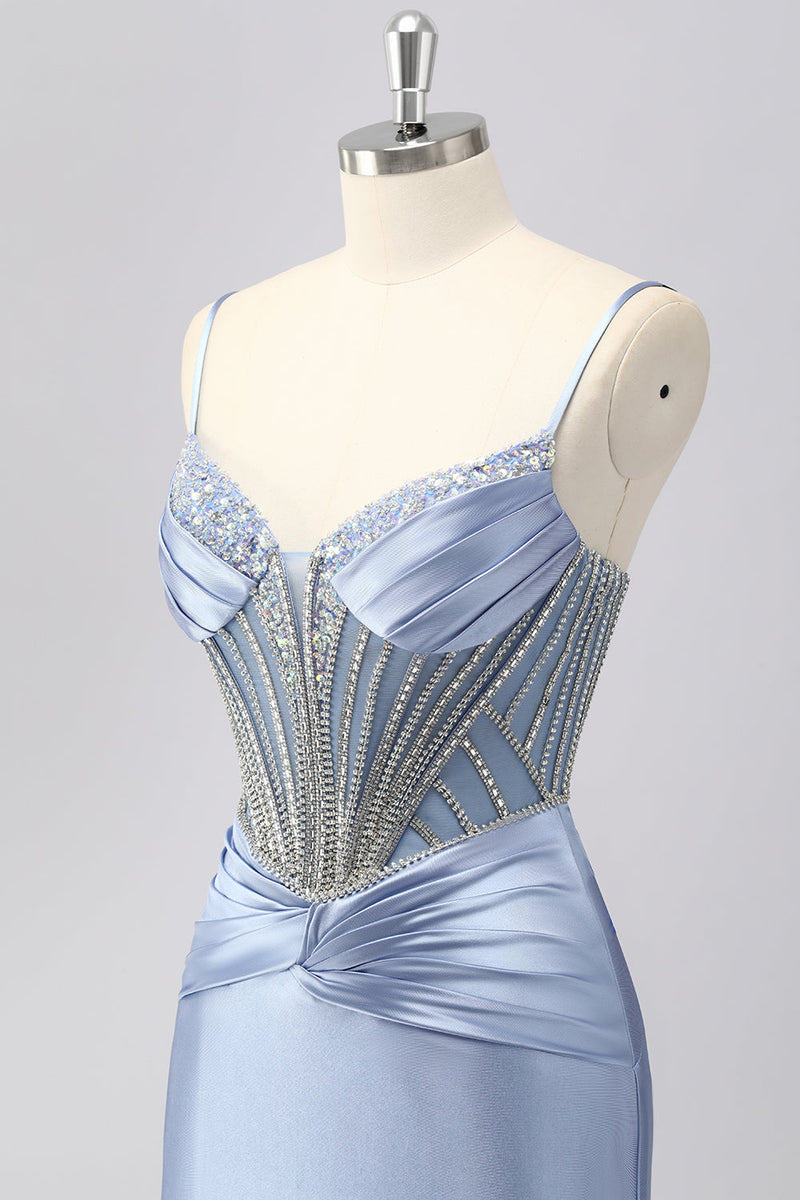 Laden Sie das Bild in den Galerie-Viewer, Glitzer Grau Blau Meerjungfrau Spaghettiträger Lange Ball Kleid mit Perlen