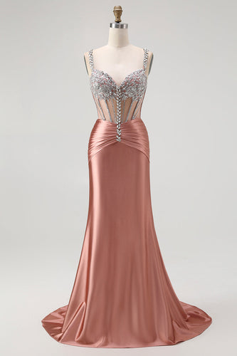 Glitzer Rosa Spaghettiträger Meerjungfrau Satin Lange Korsett Ballkleid mit Perlen