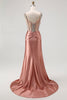 Laden Sie das Bild in den Galerie-Viewer, Glitzer Rosa Spaghettiträger Meerjungfrau Satin Lange Korsett Ballkleid mit Perlen