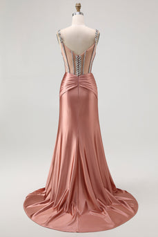 Glitzer Rosa Spaghettiträger Meerjungfrau Satin Lange Korsett Ballkleid mit Perlen