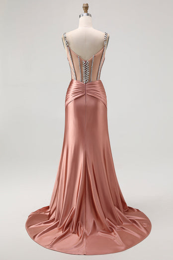 Glitzer Rosa Spaghettiträger Meerjungfrau Satin Lange Korsett Ballkleid mit Perlen