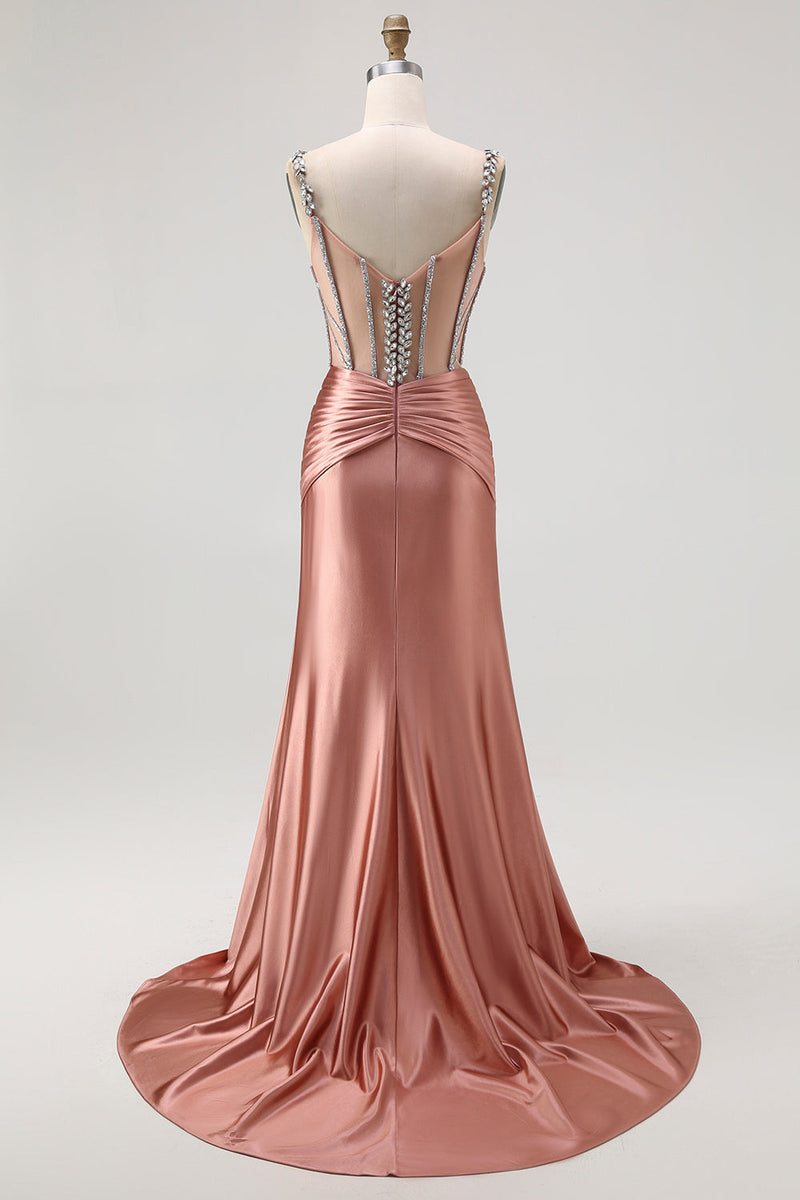 Laden Sie das Bild in den Galerie-Viewer, Glitzer Rosa Spaghettiträger Meerjungfrau Satin Lange Korsett Ballkleid mit Perlen
