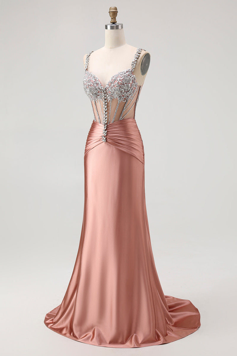 Laden Sie das Bild in den Galerie-Viewer, Glitzer Rosa Spaghettiträger Meerjungfrau Satin Lange Korsett Ballkleid mit Perlen