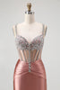 Laden Sie das Bild in den Galerie-Viewer, Glitzer Rosa Spaghettiträger Meerjungfrau Satin Lange Korsett Ballkleid mit Perlen